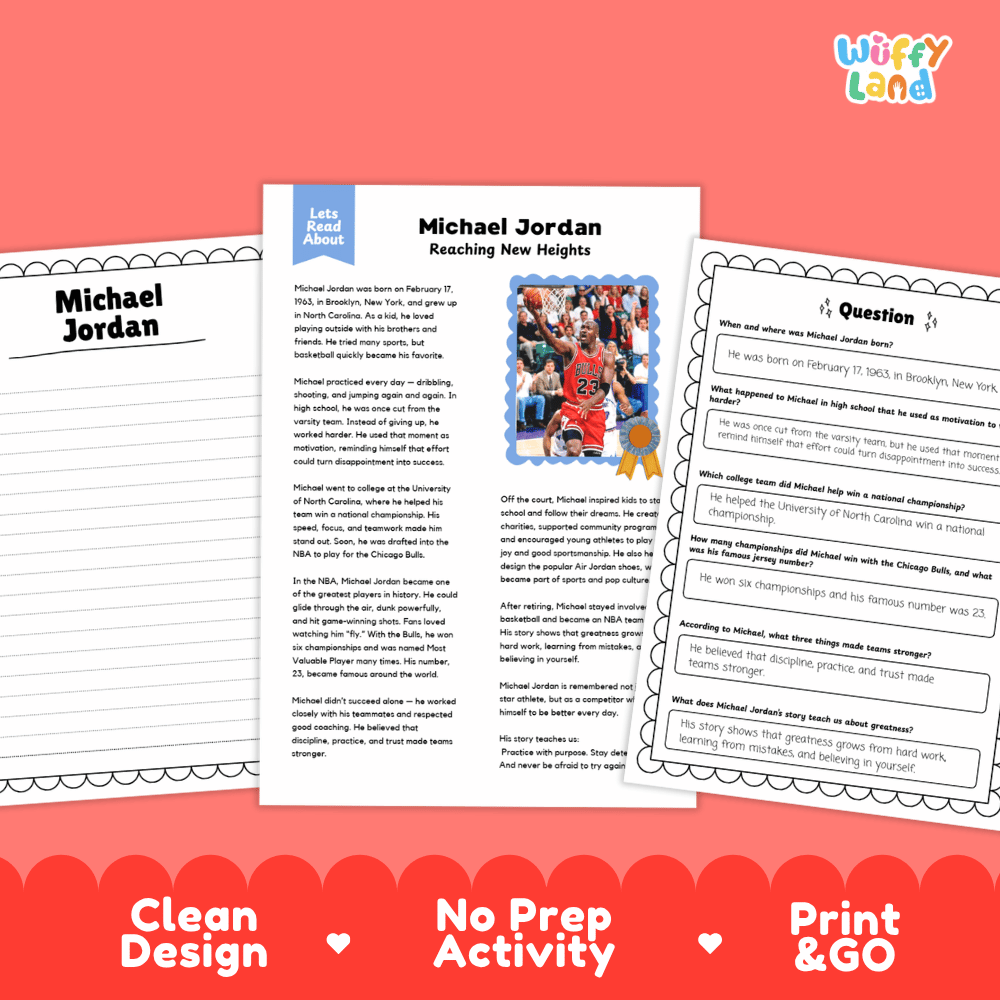 Printable activity sheets about Michael Jordan displayed on a coral background. The center sheet shows a biography titled 'Michael Jordan Reaching New Heights' with text, a small photo, and decorative borders.