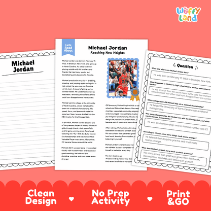 Printable activity sheets about Michael Jordan displayed on a coral background. The center sheet shows a biography titled 'Michael Jordan Reaching New Heights' with text, a small photo, and decorative borders.