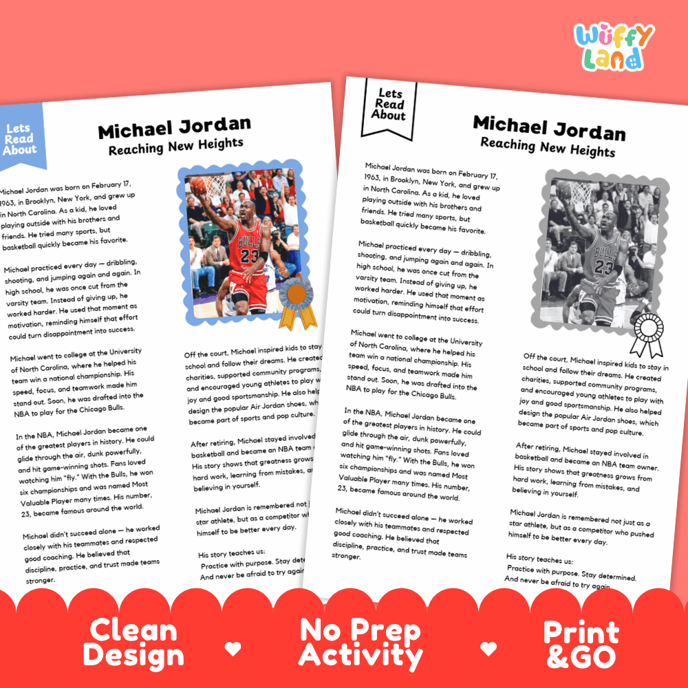 Two printed activity booklet pages about Michael Jordan, shown on a white background with a red banner at the bottom that reads 'Clean Design • No Prep Activity • Print & GO'. The pages are titled 'Michael Jordan Reaching New Heights' and include text, a small photo, and a worksheet area.