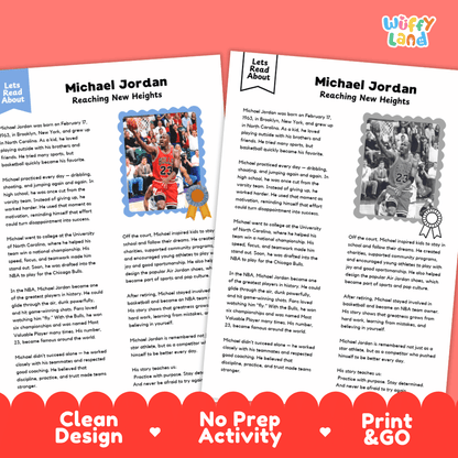 Two printed activity booklet pages about Michael Jordan, shown on a white background with a red banner at the bottom that reads 'Clean Design • No Prep Activity • Print & GO'. The pages are titled 'Michael Jordan Reaching New Heights' and include text, a small photo, and a worksheet area.