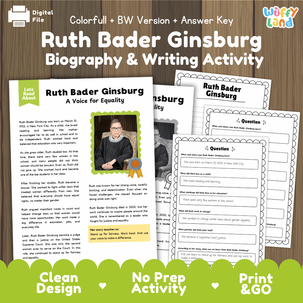Ruth Bader Ginsburg Biography Reading Passage and Writing Activity Worksheets