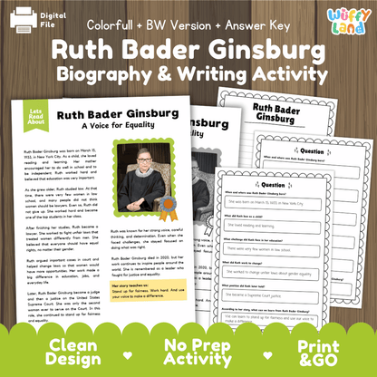 Ruth Bader Ginsburg Biography Reading Passage and Writing Activity Worksheets