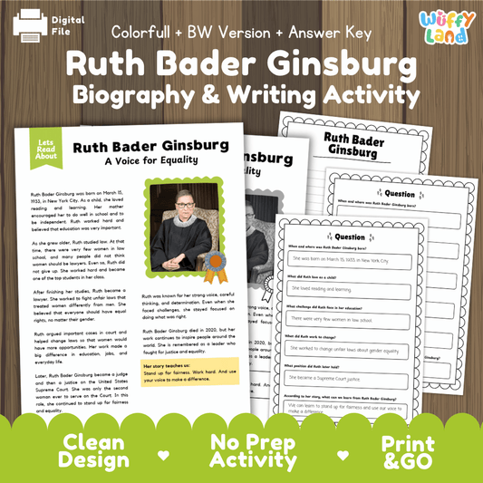 Ruth Bader Ginsburg Biography Reading Passage and Writing Activity Worksheets