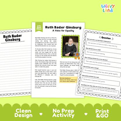 Educational activity sheet set featuring a biography page of Ruth Bader Ginsburg and two worksheet pages, displayed on a bright lime green background with 'Let's Read About' branding and 'Clean Design', 'No Prep Activity', and 'Print & GO' callouts.