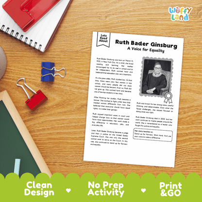 A printed educational activity sheet titled 'Ruth Bader Ginsburg: A Voice for Equality' laid on a wooden desk, surrounded by school supplies including a spiral notebook, red and blue binder clips, and a green pen. The sheet includes a portrait photo and text blocks.