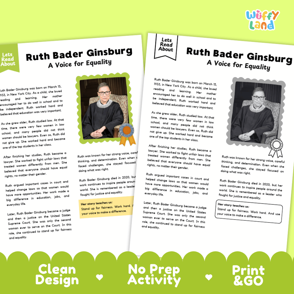 Two printed activity sheets for a Ruth Bader Ginsburg educational lesson, titled 'A Voice for Equality,' shown on a white background with a green decorative footer. The sheets include text, short biographical excerpts, and grayscale photos of Ruth Bader Ginsburg.