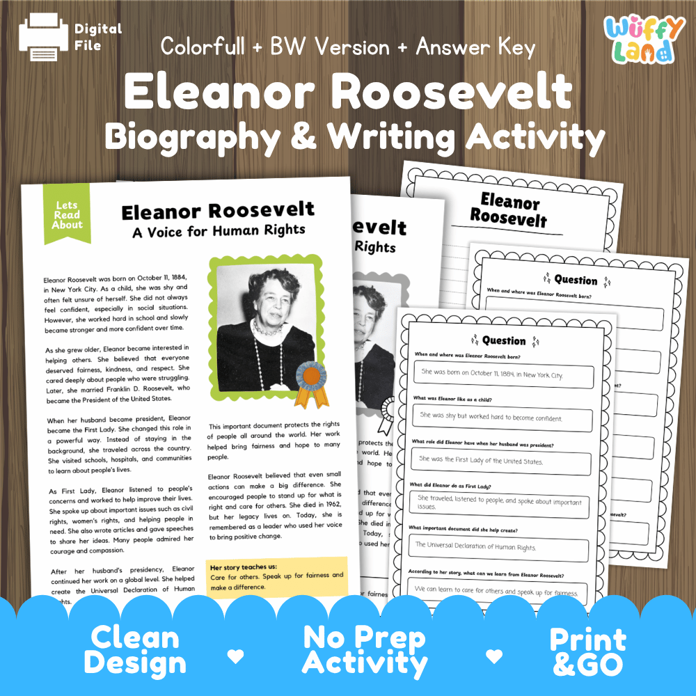 Digital printable activity sheet set for 'Eleanor Roosevelt Biography & Writing Activity' shown on a wood background with a colorful header and footer. The sheets include a biography page, a writing prompt page, and a worksheet, with branding for 'Digital File' and 'Uffy Land'.