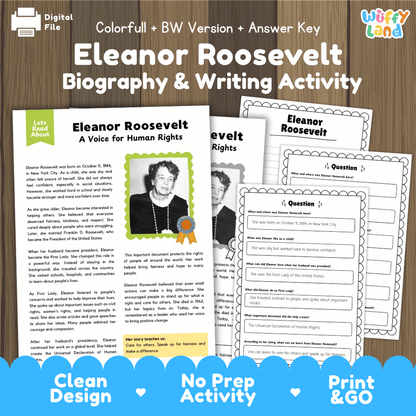 Digital printable activity sheet set for 'Eleanor Roosevelt Biography & Writing Activity' shown on a wood background with a colorful header and footer. The sheets include a biography page, a writing prompt page, and a worksheet, with branding for 'Digital File' and 'Uffy Land'.