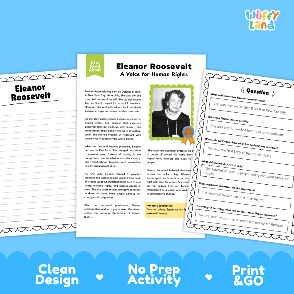 Educational worksheet set about Eleanor Roosevelt, shown with a central cover page and two surrounding activity sheets on a bright blue background. The cover reads 'Eleanor Roosevelt: A Voice for Human Rights' and includes a portrait photo and short text.