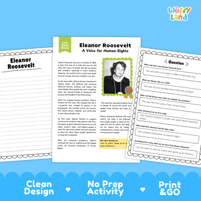 Educational worksheet set about Eleanor Roosevelt, shown with a central cover page and two surrounding activity sheets on a bright blue background. The cover reads 'Eleanor Roosevelt: A Voice for Human Rights' and includes a portrait photo and short text.