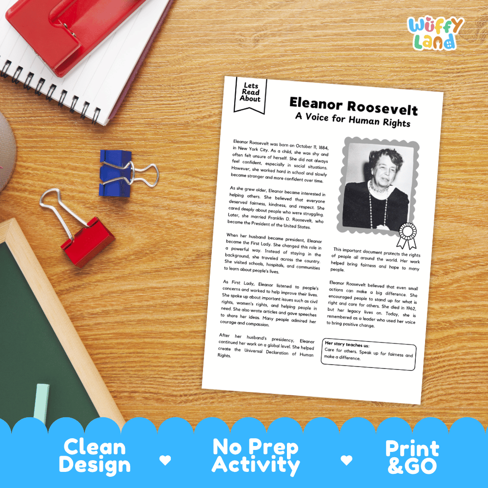 An educational printout about Eleanor Roosevelt titled 'Eleanor Roosevelt: A Voice for Human Rights' displayed on a wooden desk with school supplies. The print has a clean white layout with black text, a small portrait photo of Eleanor Roosevelt, and decorative border details.
