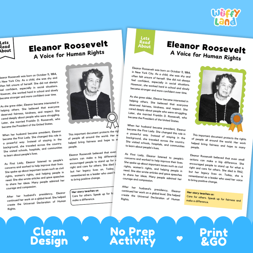 Two educational activity booklets titled 'Eleanor Roosevelt: A Voice for Human Rights' displayed side-by-side on a white background with a 'Wuffly Land' logo in the top right corner. The booklets feature a clean white cover design with black text, a portrait of Eleanor Roosevelt, and colorful accents including green, yellow, and blue headers and badges.