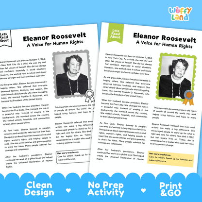 Two educational activity booklets titled 'Eleanor Roosevelt: A Voice for Human Rights' displayed side-by-side on a white background with a 'Wuffly Land' logo in the top right corner. The booklets feature a clean white cover design with black text, a portrait of Eleanor Roosevelt, and colorful accents including green, yellow, and blue headers and badges.