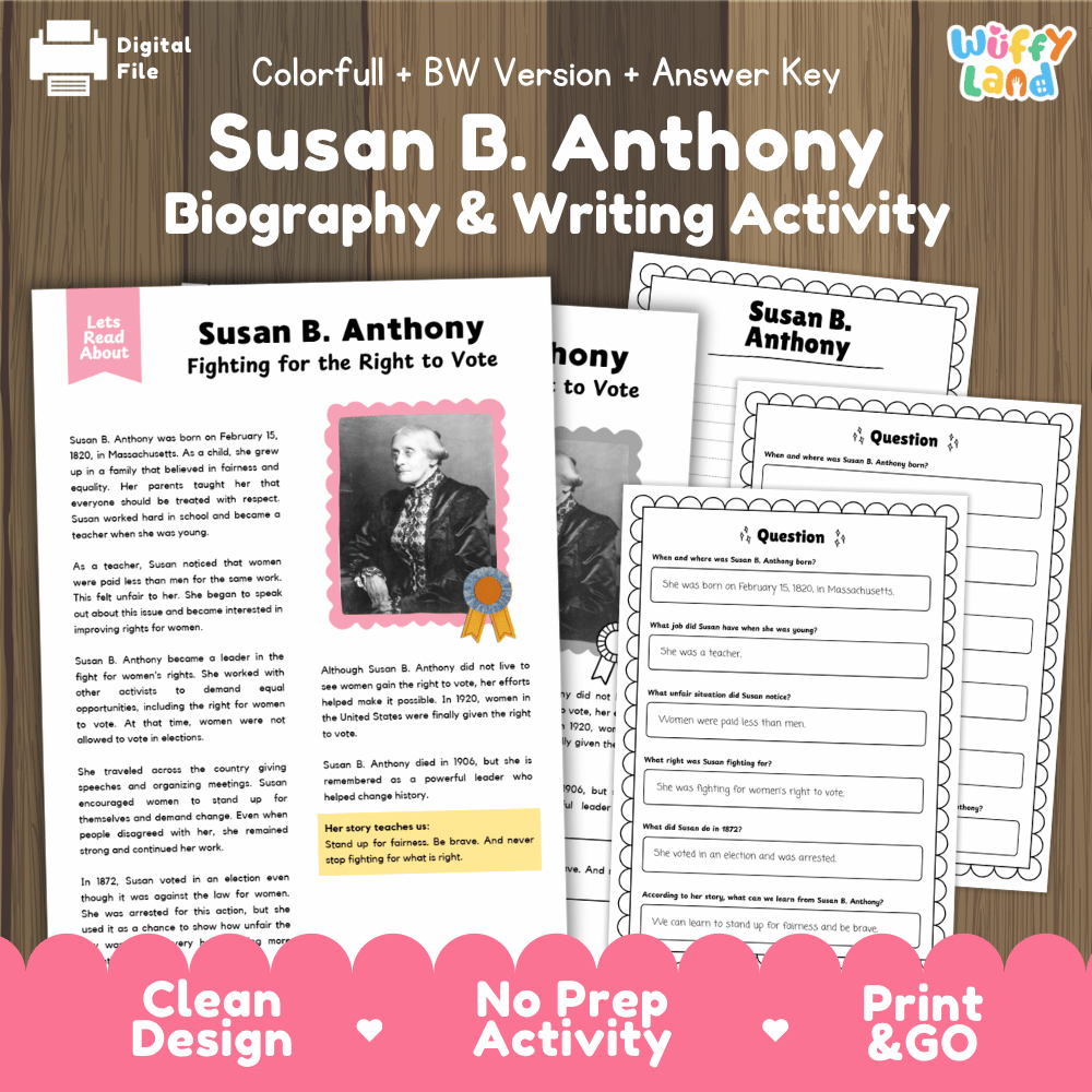 Digital printable activity sheets for a 'Susan B. Anthony Biography & Writing Activity' shown on a wood background.