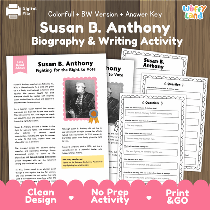 Digital printable activity sheets for a 'Susan B. Anthony Biography & Writing Activity' shown on a wood background.