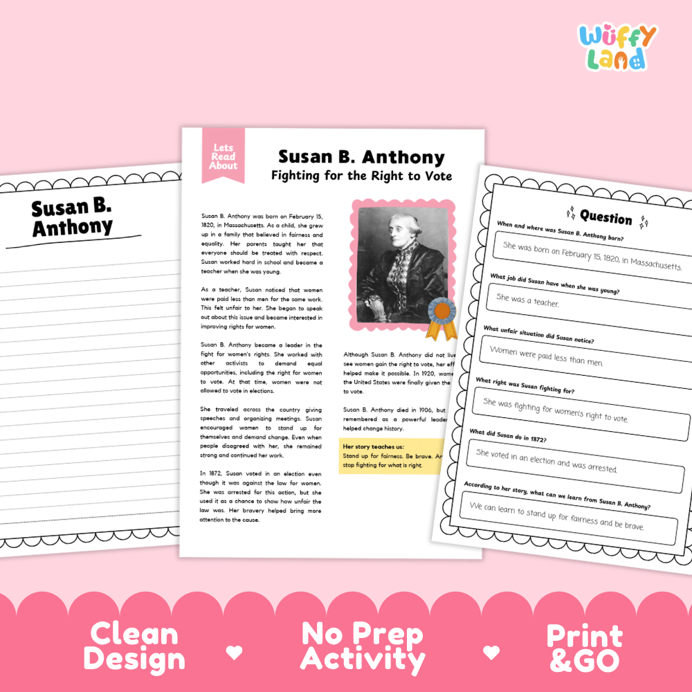 Educational print-and-go activity sheets about Susan B. Anthony, shown on a pink background with decorative text reading 'Clean Design', 'No Prep Activity', and 'Print & GO'.