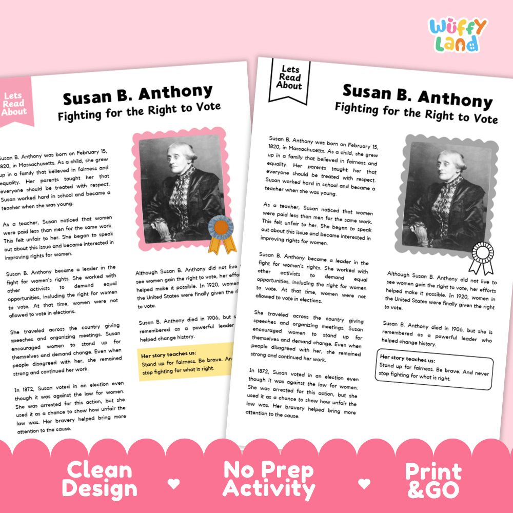Two printable educational activity sheets about Susan B. Anthony, shown on a white background with a pink banner at the bottom reading 'Clean Design No Prep Activity Print & GO' and a 'Wiffly Land' logo at the top right.
