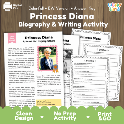 Digital printable activity sheet set for 'Princess Diana Biography & Writing Activity' by Uffy Land, shown on a wood background with a green banner. The sheets include text pages, a photo worksheet, and a writing prompt sheet.