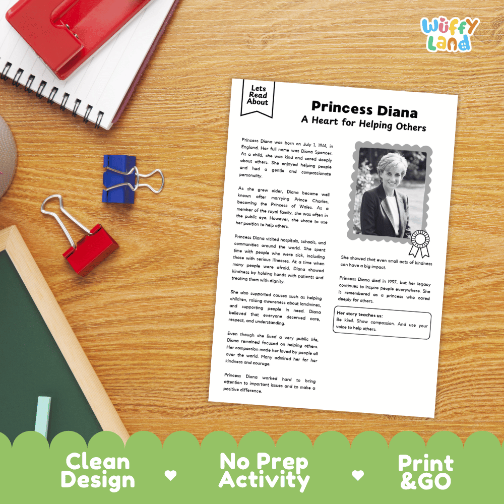 A printed activity sheet titled 'Princess Diana: A Heart for Helping Others' laid on a wooden desk with notebooks, clips, and a pen visible around it. The sheet includes text, a portrait photo, and a ribbon award graphic.
