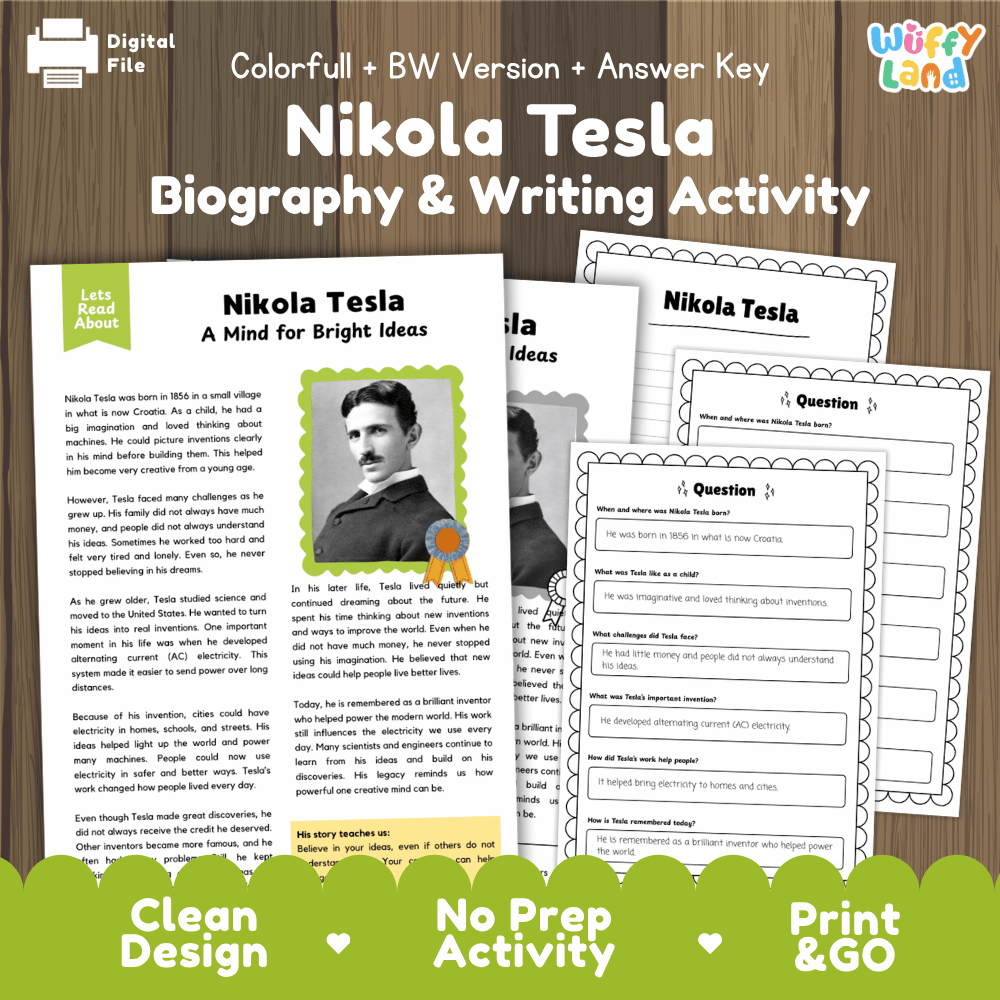 Digital printable activity sheet set about Nikola Tesla, shown as overlapping printed pages on a wood background with branding text at the top and a green banner at the bottom.