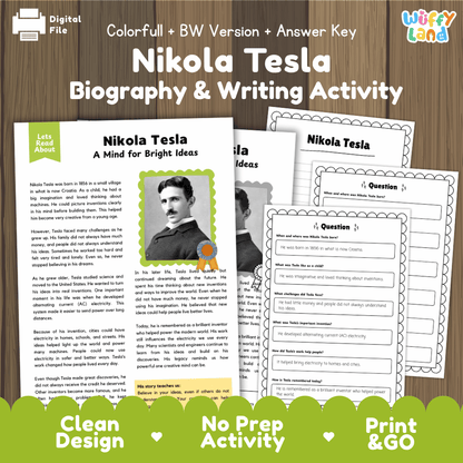 Digital printable activity sheet set about Nikola Tesla, shown as overlapping printed pages on a wood background with branding text at the top and a green banner at the bottom.