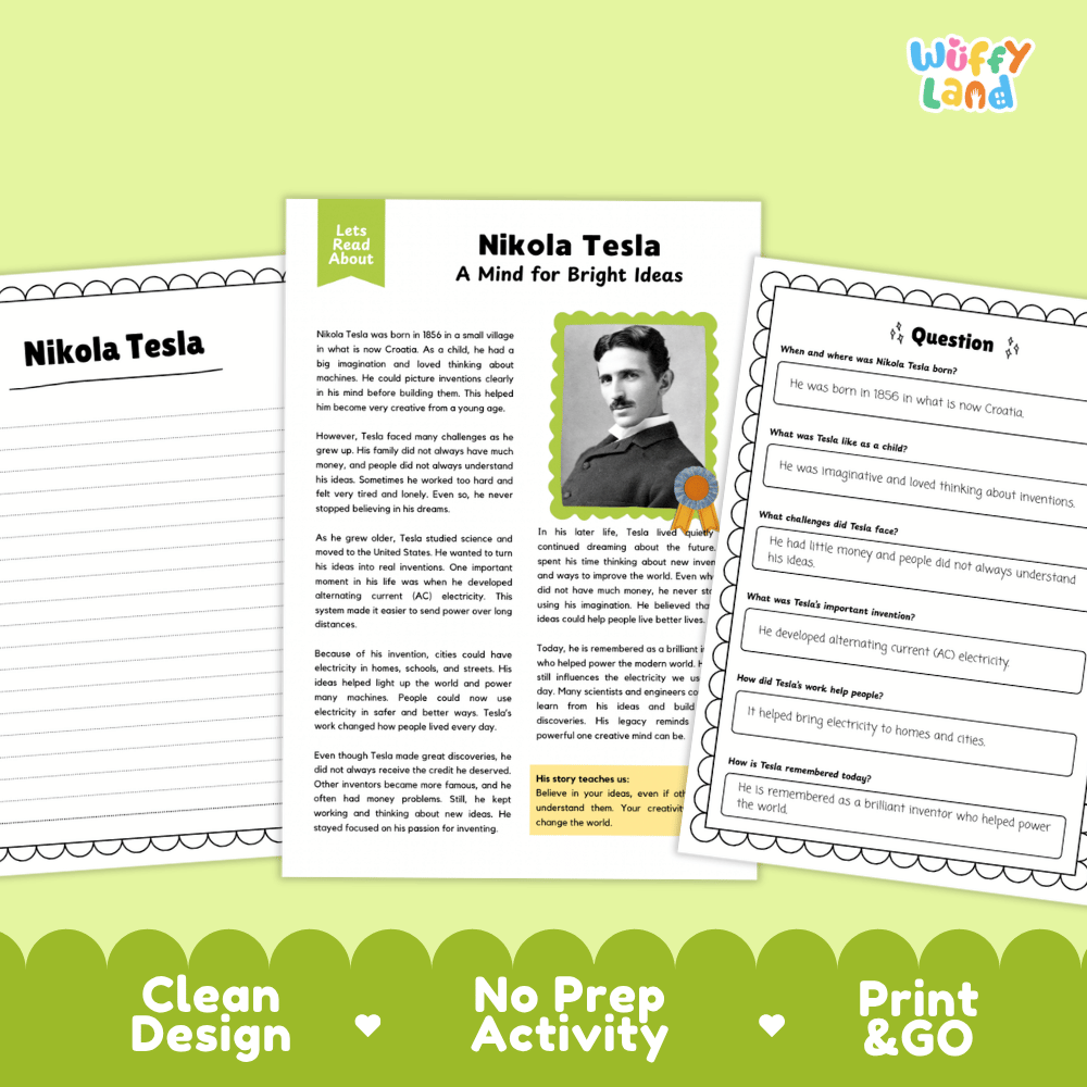 Educational activity sheets about Nikola Tesla, shown as a clean digital product mockup on a light green background with a darker green banner at the bottom. The sheets include text, a portrait photo, and fill-in question boxes, with the brand name 'Wiffly Land' in the top right corner.