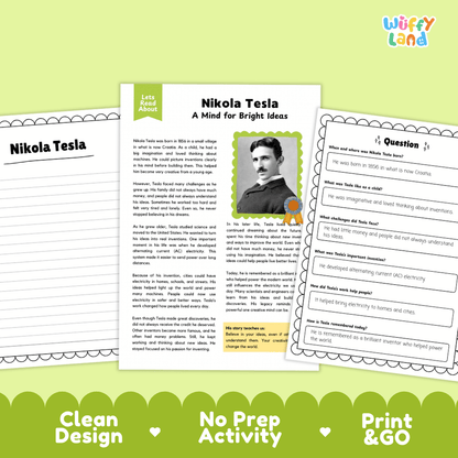 Educational activity sheets about Nikola Tesla, shown as a clean digital product mockup on a light green background with a darker green banner at the bottom. The sheets include text, a portrait photo, and fill-in question boxes, with the brand name 'Wiffly Land' in the top right corner.