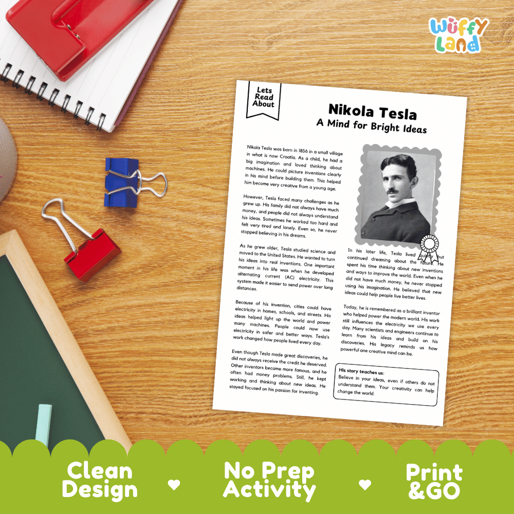 A children's educational activity sheet about Nikola Tesla titled 'Nikola Tesla: A Mind for Bright Ideas' laid on a wooden desk with school supplies around it. The sheet is white with black text and a black-and-white portrait photo.