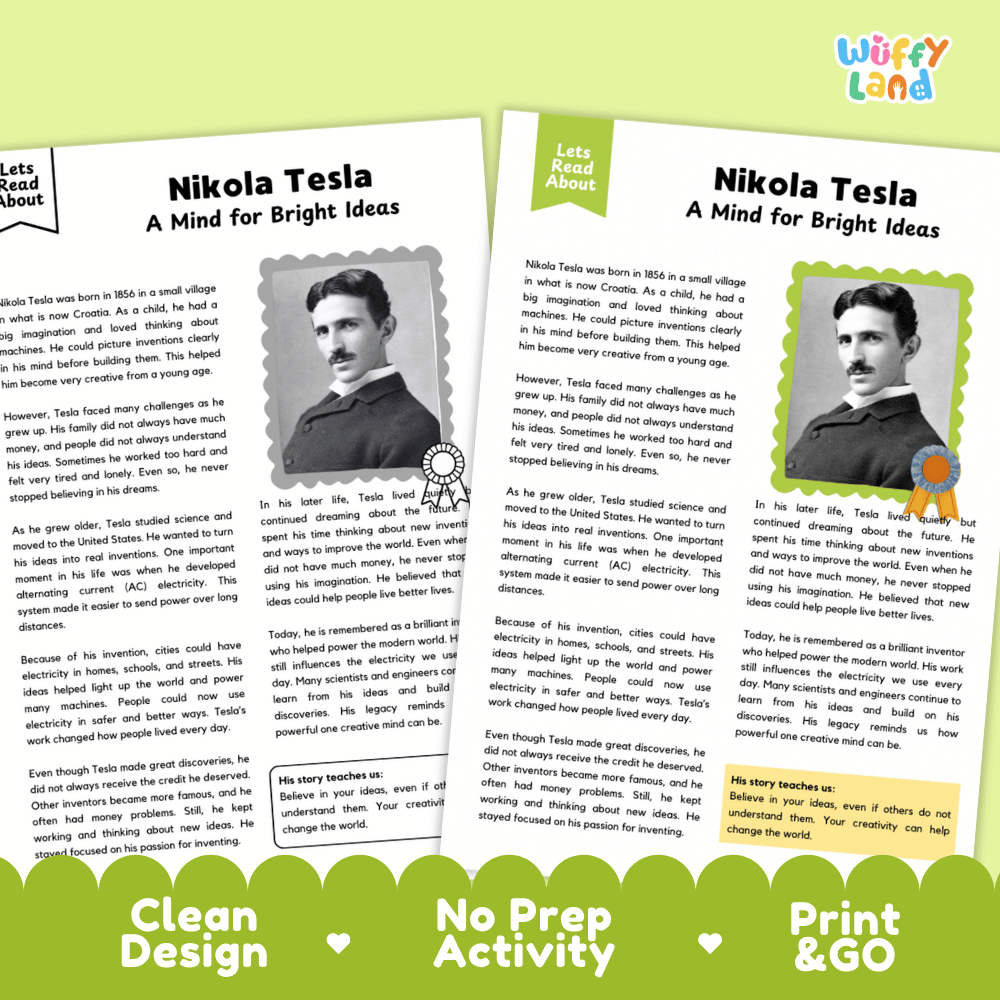 Two educational reading activity sheets about Nikola Tesla, featuring black-and-white and color portraits, text blocks, and decorative green headers and footers. The brand name 'Wuffly Land' appears in the top right corner.