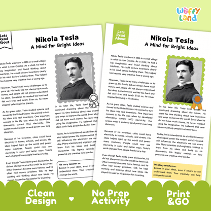 Two educational reading activity sheets about Nikola Tesla, featuring black-and-white and color portraits, text blocks, and decorative green headers and footers. The brand name 'Wuffly Land' appears in the top right corner.