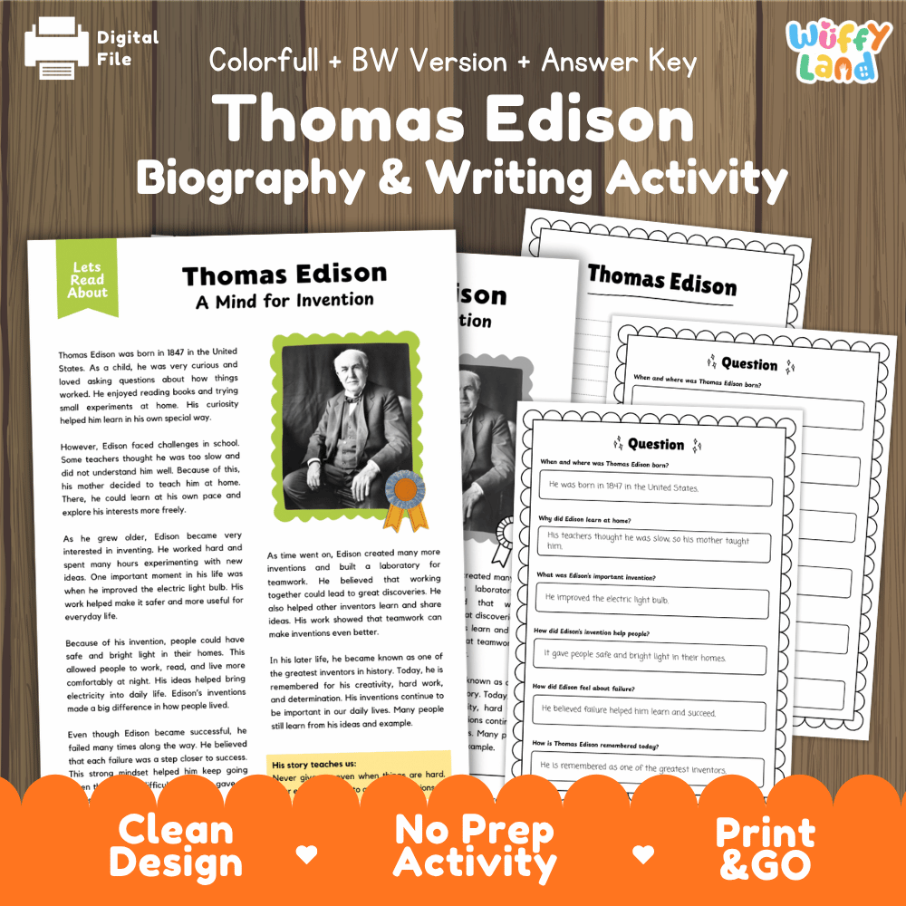 Thomas Edison Biography & Writing Activity printable worksheet set shown on a wood background, with multiple pages including a biography text page, a black-and-white portrait page, and writing activity sheets. Text at the top reads 'Colorful + BW Version + Answer Key' and 'Thomas Edison Biography & Writing Activity,' with a 'Uffy Land' logo in the top right.
