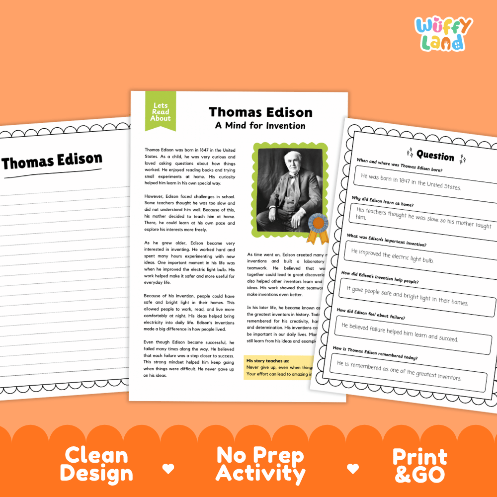 Educational worksheet bundle about Thomas Edison, featuring a main text page, a portrait print, and a question sheet, displayed on an orange background with promotional text.