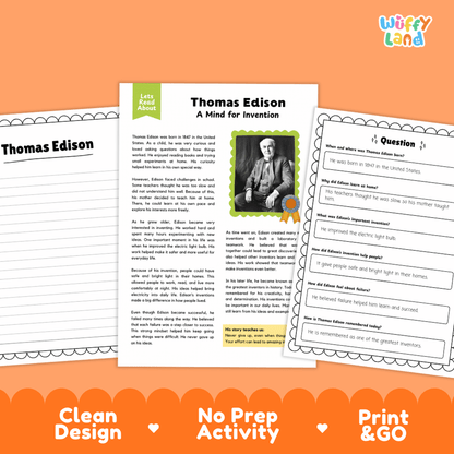 Educational worksheet bundle about Thomas Edison, featuring a main text page, a portrait print, and a question sheet, displayed on an orange background with promotional text.