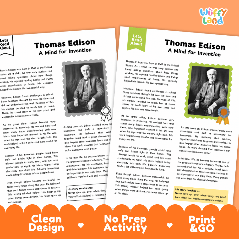 Two educational reading activity sheets about Thomas Edison, displayed side-by-side on an orange background with promotional text. The sheets feature black-and-white and color portraits of Thomas Edison, text sections, and a 'Wiffly Land' logo in the top right corner.