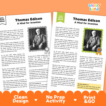 Two educational reading activity sheets about Thomas Edison, displayed side-by-side on an orange background with promotional text. The sheets feature black-and-white and color portraits of Thomas Edison, text sections, and a 'Wiffly Land' logo in the top right corner.