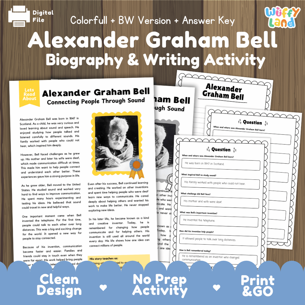 Digital product preview for an Alexander Graham Bell Biography & Writing Activity sheet set, showing multiple printable pages and worksheets on a wood-textured background with a blue banner at the bottom.