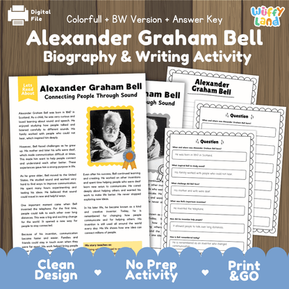 Digital product preview for an Alexander Graham Bell Biography & Writing Activity sheet set, showing multiple printable pages and worksheets on a wood-textured background with a blue banner at the bottom.