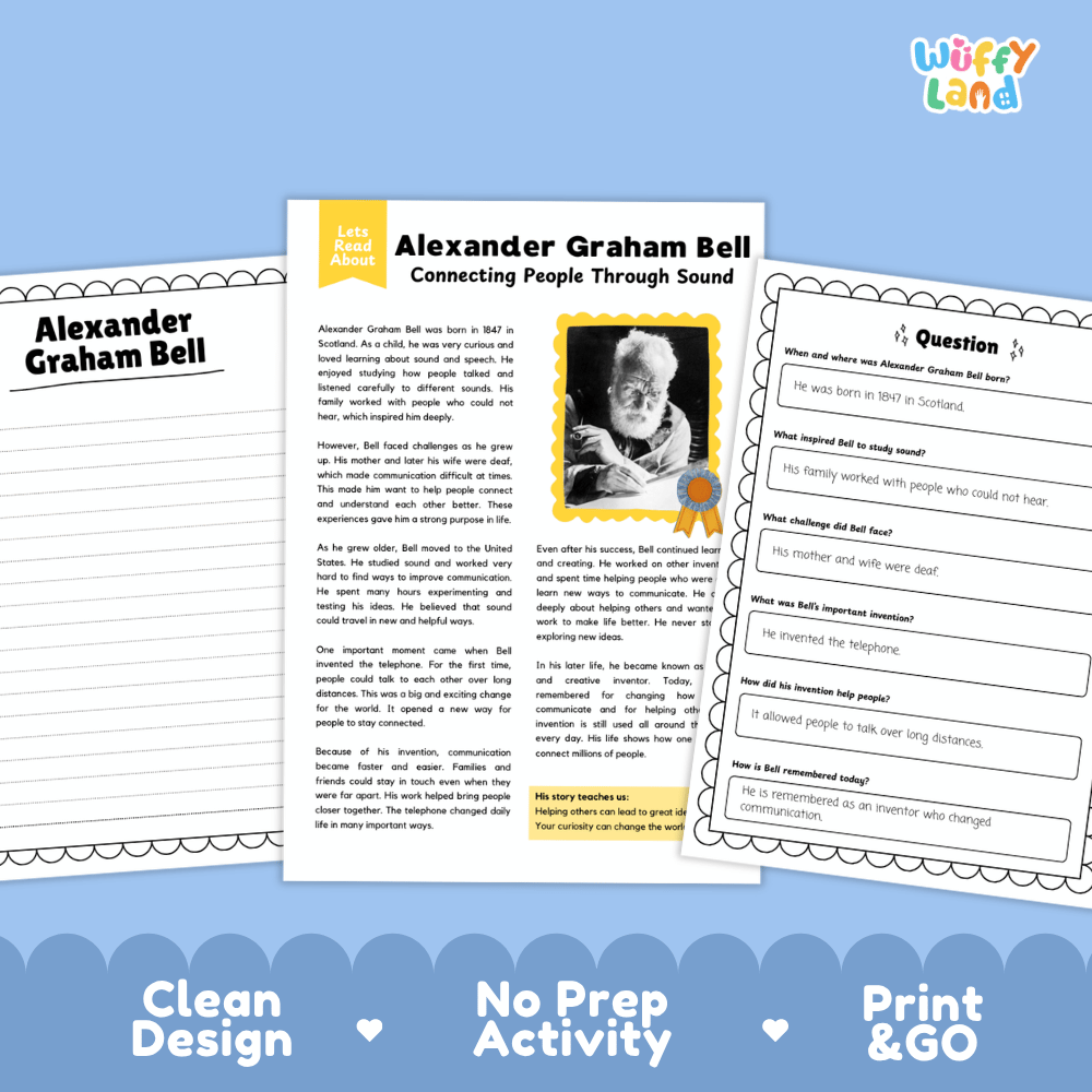 Three printable educational activity sheets about Alexander Graham Bell arranged on a light blue background with decorative text reading 'Clean Design', 'No Prep Activity', and 'Print & Go'. The sheets include a title page, a reading/activity page with a portrait photo, and a worksheet with question prompts.