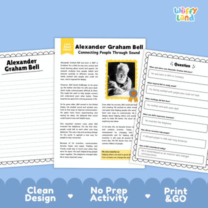 Three printable educational activity sheets about Alexander Graham Bell arranged on a light blue background with decorative text reading 'Clean Design', 'No Prep Activity', and 'Print & Go'. The sheets include a title page, a reading/activity page with a portrait photo, and a worksheet with question prompts.