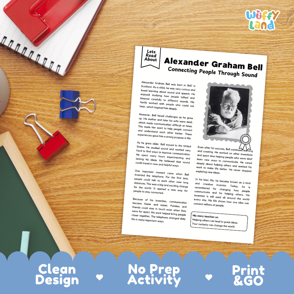 A printed educational activity sheet titled 'Alexander Graham Bell Connecting People Through Sound' laid on a wooden desk with school supplies around it. The sheet includes a photo of Alexander Graham Bell and text blocks.