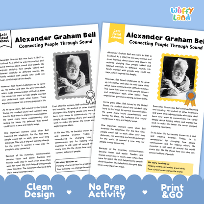 Two educational reading activity sheets about Alexander Graham Bell from the brand Wuffly Land, featuring text, a black-and-white portrait, and award graphics on a white background with blue decorative banners at the bottom.