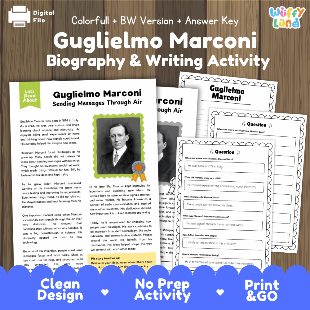 Digital product preview for a Guglielmo Marconi Biography & Writing Activity bundle, showing printed worksheet pages and an answer key on a wood background with a blue 'Clean Design No Prep Activity Print & GO' banner at the bottom.