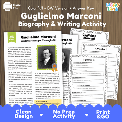 Digital product preview for a Guglielmo Marconi Biography & Writing Activity bundle, showing printed worksheet pages and an answer key on a wood background with a blue 'Clean Design No Prep Activity Print & GO' banner at the bottom.