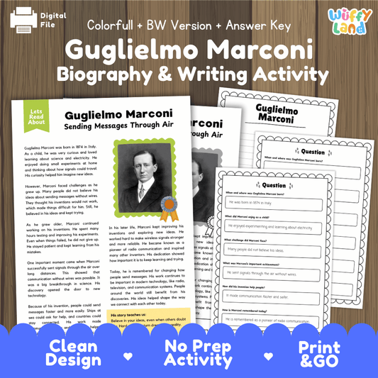 Digital product preview for a Guglielmo Marconi Biography & Writing Activity bundle, showing printed worksheet pages and an answer key on a wood background with a blue 'Clean Design No Prep Activity Print & GO' banner at the bottom.