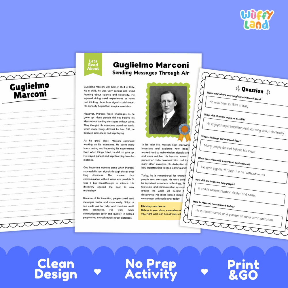 Educational activity sheets for teaching Guglielmo Marconi, featuring a main text page with a portrait, a question sheet, and a title slide, displayed on a blue background with promotional text.