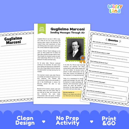 Educational activity sheets for teaching Guglielmo Marconi, featuring a main text page with a portrait, a question sheet, and a title slide, displayed on a blue background with promotional text.