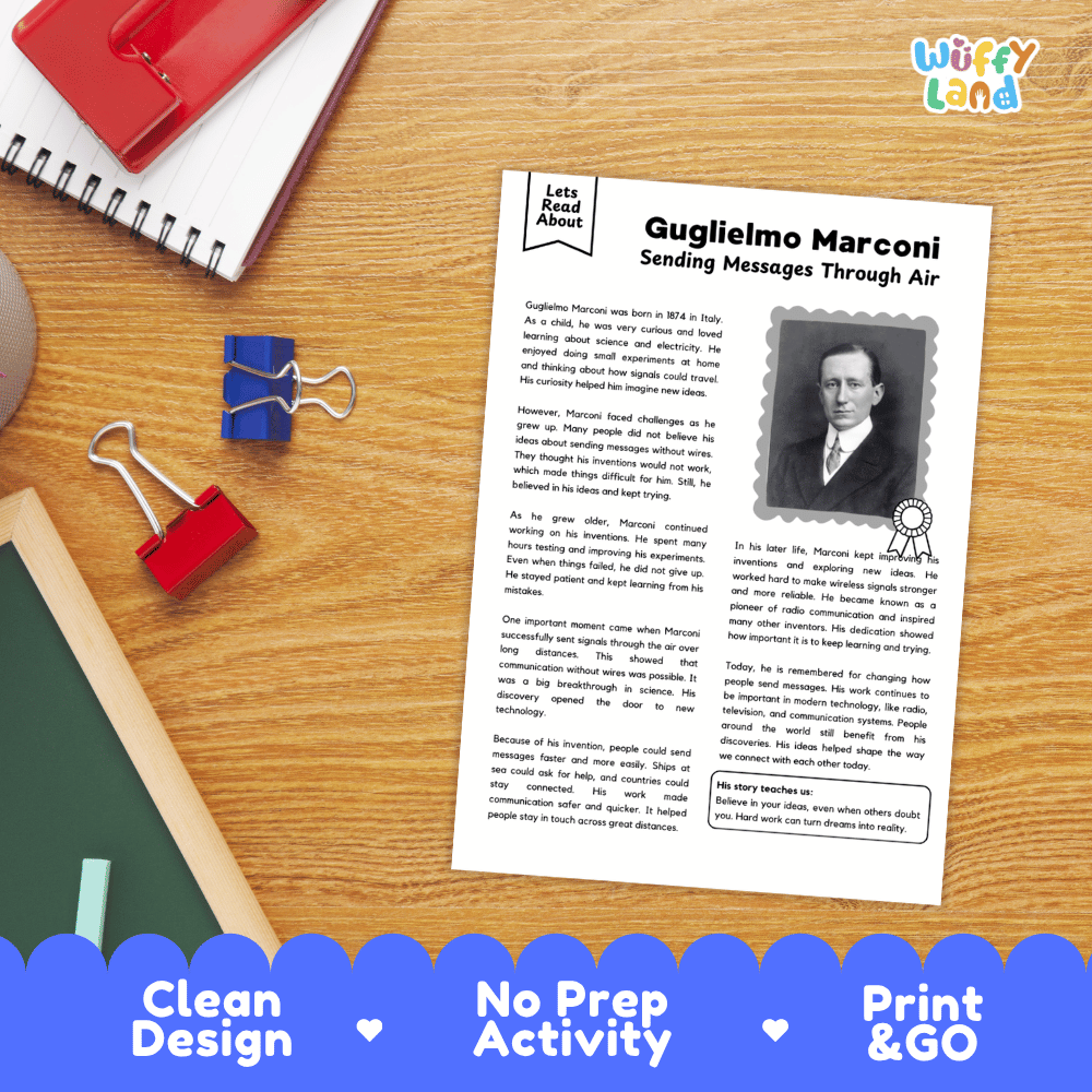 An educational reading activity sheet titled 'Guglielmo Marconi Sending Messages Through Air' displayed on a wooden desk with a red notebook, binder clips, and a blue pen. The sheet features a black-and-white portrait of Guglielmo Marconi.