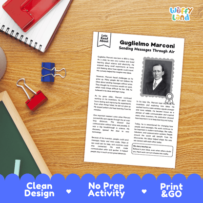 An educational reading activity sheet titled 'Guglielmo Marconi Sending Messages Through Air' displayed on a wooden desk with a red notebook, binder clips, and a blue pen. The sheet features a black-and-white portrait of Guglielmo Marconi.