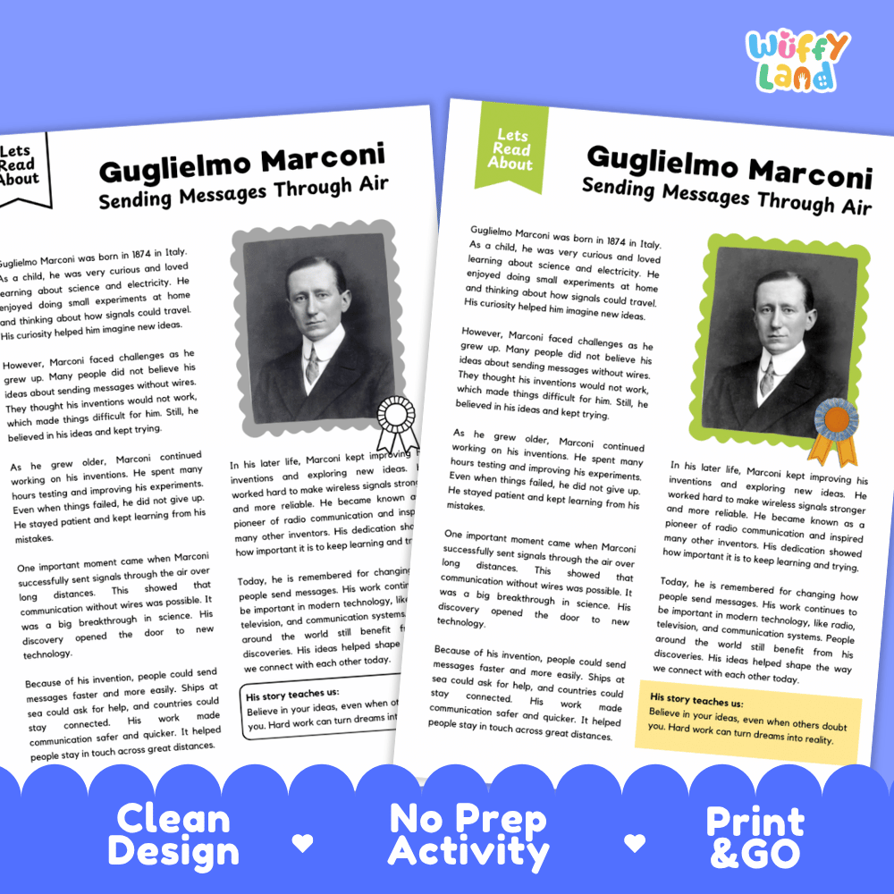 Two educational activity sheets about Guglielmo Marconi, displayed side-by-side on a dark blue background with 'Wuffly Land' branding. The sheets feature colorful borders, text, and placeholder areas for photos, with promotional badges at the bottom reading 'Clean Design', 'No Prep Activity', and 'Print & Go'.