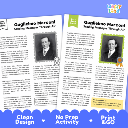Two educational activity sheets about Guglielmo Marconi, displayed side-by-side on a dark blue background with 'Wuffly Land' branding. The sheets feature colorful borders, text, and placeholder areas for photos, with promotional badges at the bottom reading 'Clean Design', 'No Prep Activity', and 'Print & Go'.